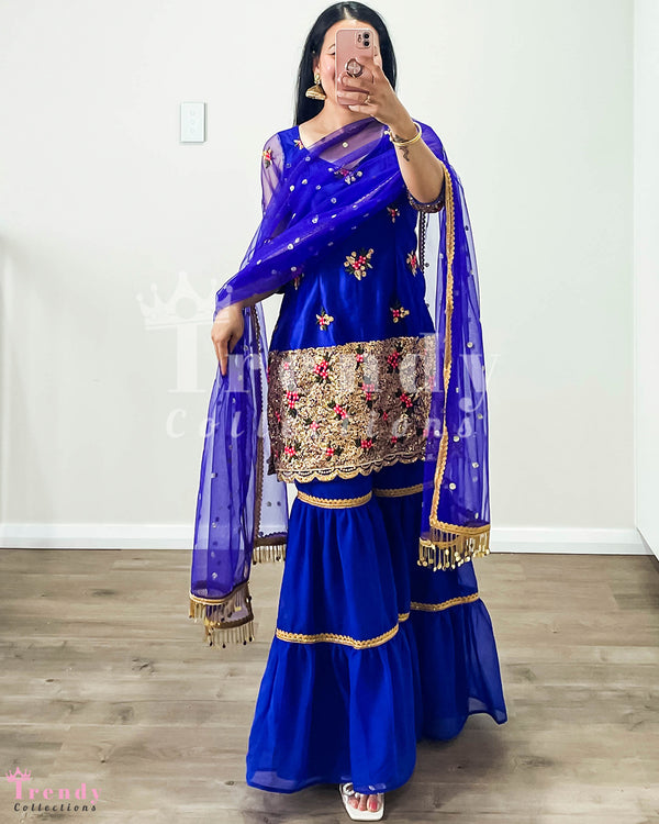 DESIGNER 3 PIECE SARARA SET WITH SEQUIN WORK- ROYAL BLUE (Size 34 - 44 available)