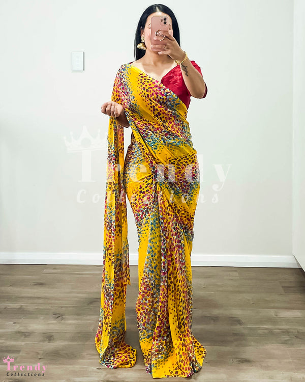 Colorful Abstract Print Chiffon Saree with Designer Blouse - Sizes 34 to 46