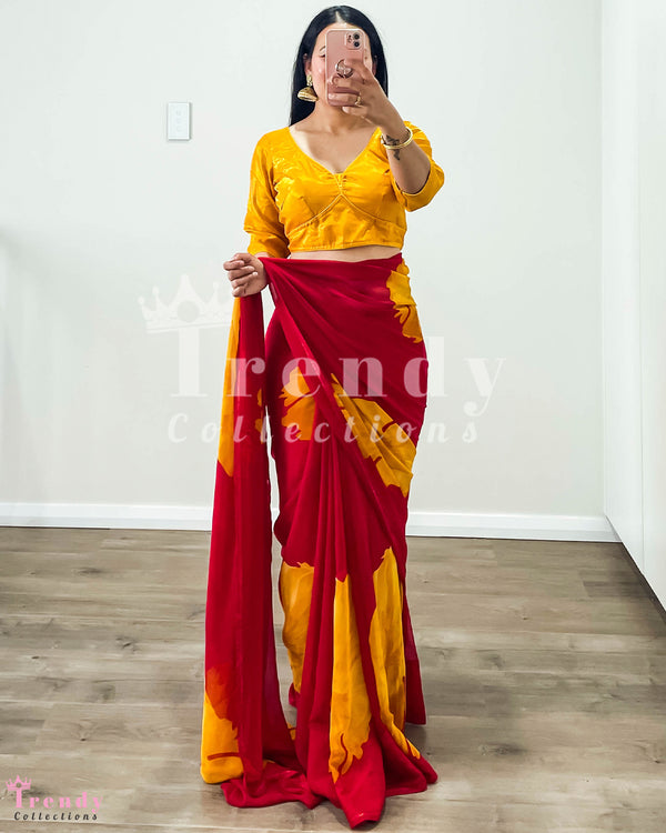 Sunset Tones Chiffon Saree with Designer Blouse - Sizes 36 to 40, Pico and Falls Done