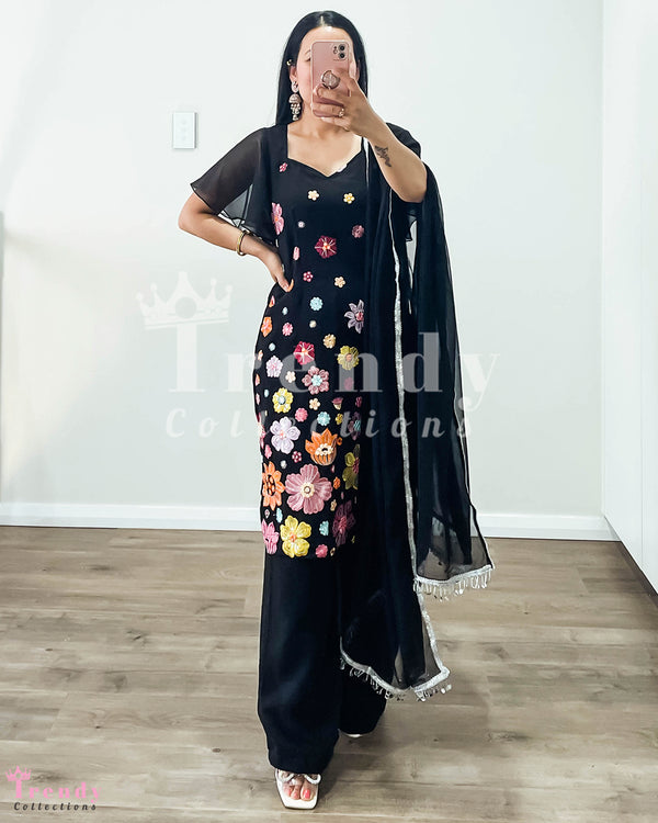 Black Georgette Sarara Set with Floral Thread Work - Sizes 38-42