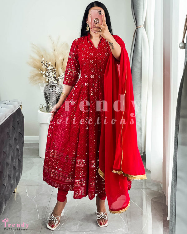 DESIGNER 3 PIECE GEORGETTE ANARKALI SET WITH HEAVY THREAD & SEQUIN EMBROIDERY - RED (Size 34 - 44 available)