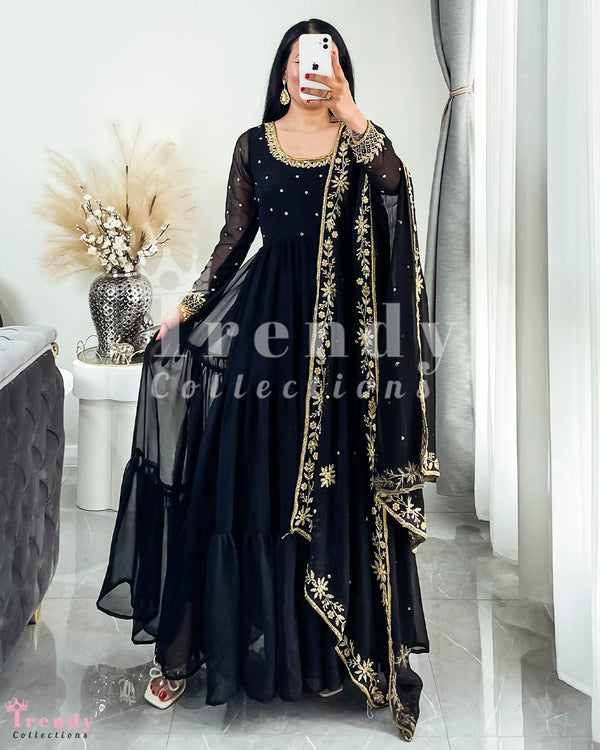 DESIGNER 2 PIECE THREE STEP LONG ANARKALI / GOWN SET WITH HEAVY BEAD HAND EMBROIDERY - BLACK COLOUR (Size 34 - 46 available)