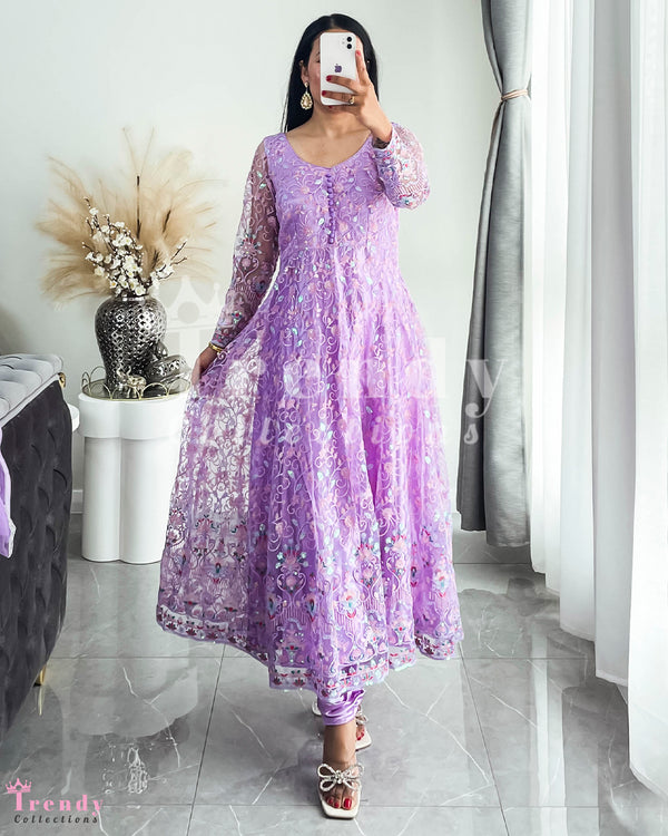 DESIGNER 3 PIECE NET ANARKALI SET WITH THREAD & SEQUIN EMBROIDERY - LAVENDER PURPLE (Size 34 - 42 available)