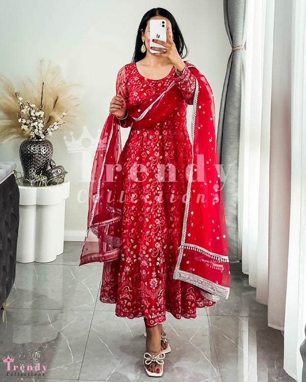 DESIGNER 3 PIECE NET ANARKALI SET WITH THREAD & SEQUIN EMBROIDERY - RED (Size 34 - 42 available)