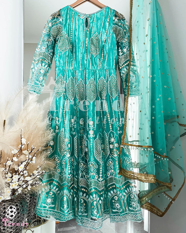 DESIGNER 3 PIECE NET ANARKALI SET WITH HEAVY THREAD & SEQUIN EMBROIDERY - CYAN COLOUR (Size 34 - 42 available)