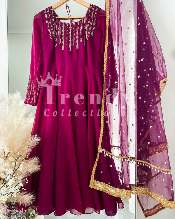 DESIGNER 3 PIECE GEORGETTE ANARKALI SET WITH HAND EMBROIDERY - PURPLE (Size 34 - 42 available)
