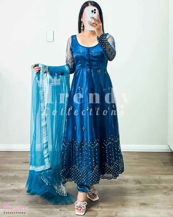 DESIGNER 3 PIECE NET ANARKALI SET WITH SEQUIN EMBROIDERY - NAVY BLUE (Size 34 - 42 available)