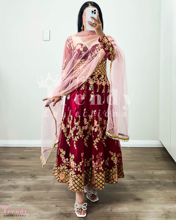 Crimson Elegance Net Anarkali Set – Sizes 36-38