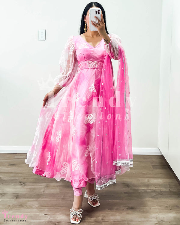 Pink Organza Anarkali Set with Sequin Embroidery – Sizes 32 to 42