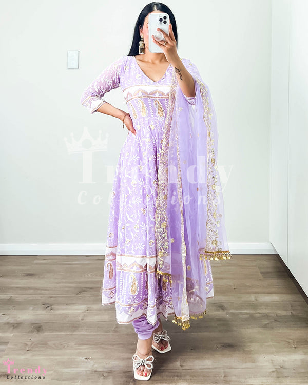 Lilac Georgette Anarkali Set with Thread & Sequin Embroidery - Sizes 32 to 42