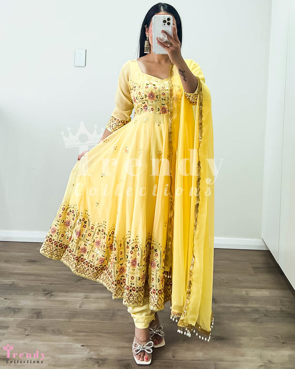 DESIGNER  3 PIECE GEORGETTE ANARKALI SET WITH MULTI COLOUR THREAD & SEQUIN EMBROIDERY - LIGHT YELLOW (Size 32 - 42 available)