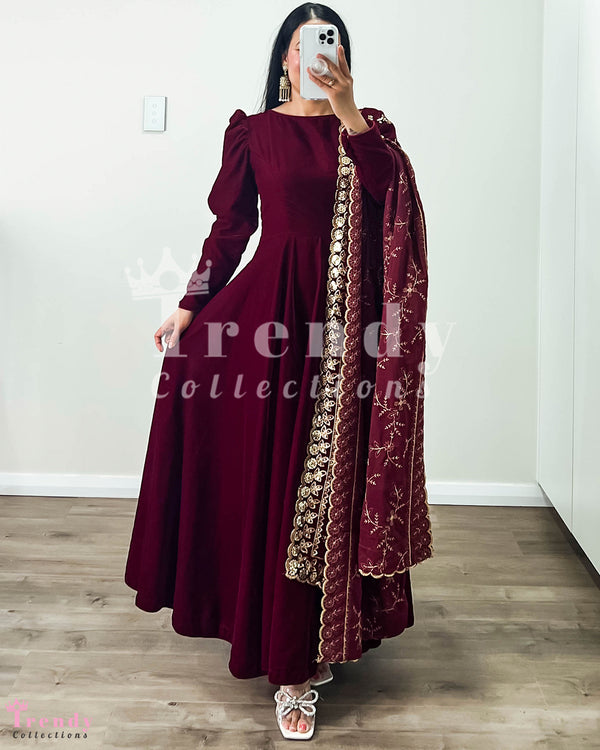 DESIGNER  3 PIECE VELVET LONG ANARKALI / GOWN SET WITH HEAVY SHAWL - MAROON (Size 34 - 42 available)