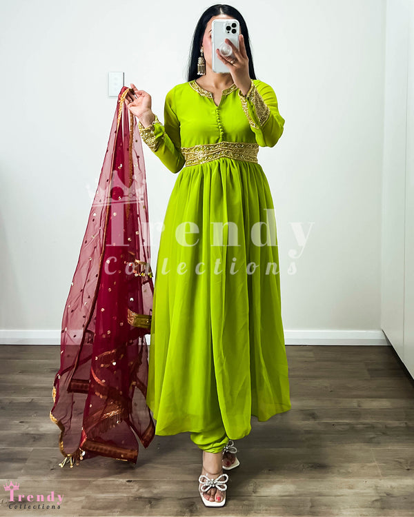 DESIGNER  3 PIECE GEORGETTE ANARKALI SET WITH HAND EMBROIDERY - GREEN & MAROON (Size 36 - 40 available)