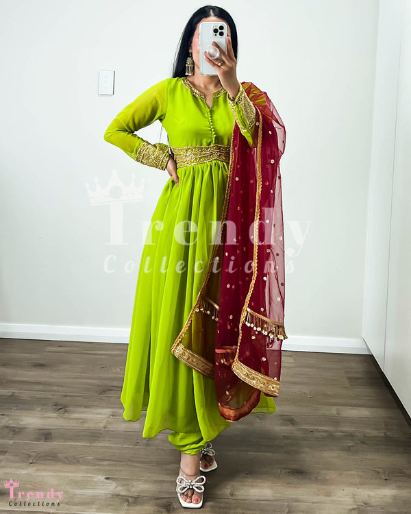 Lime Green Georgette Anarkali Set with Hand Embroidery – Sizes 36 to 40