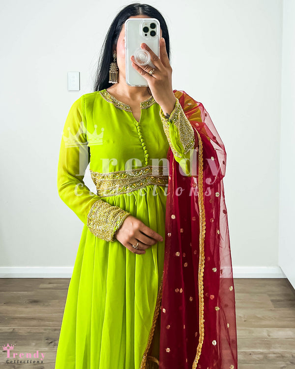 Lime Green Georgette Anarkali Set with Hand Embroidery – Sizes 36 to 40