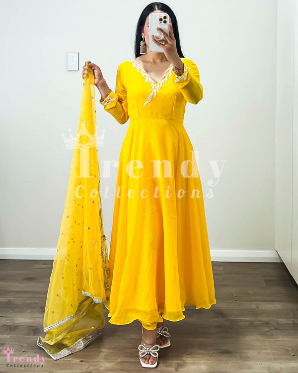 DESIGNER  3 PIECE GEORGETTE ANARKALI SET WITH HAND EMBROIDERY - YELLOW (Size 32 - 42 available)