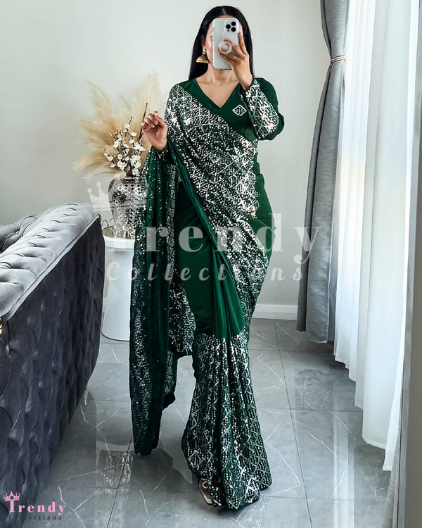 DESIGNER 3 PIECE GEORGETTE SAREE  SET WITH THREAD & SEQUIN EMBROIDERY - DARK GREEN ( Blouse size 34 - 46 available)