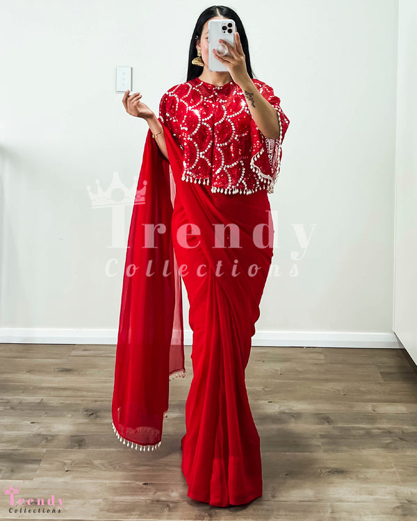 DESIGNER 4 PIECE SAREE  SET WITH PONCHO STYLE OUTER - RED ( Blouse size 32 - 40 available)