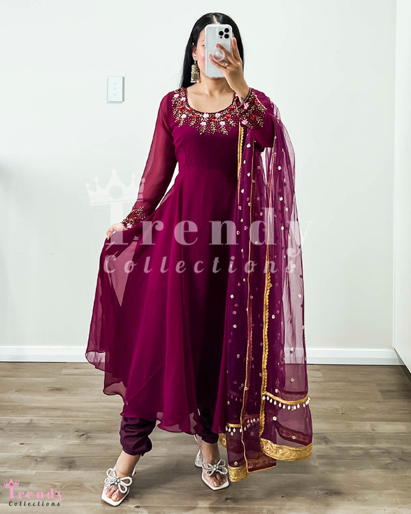 DESIGNER 3 PIECE GEORGETTE ANARKALI SET WITH HAND EMBROIDERY - WINE COLOUR (Size 34 - 42 available)