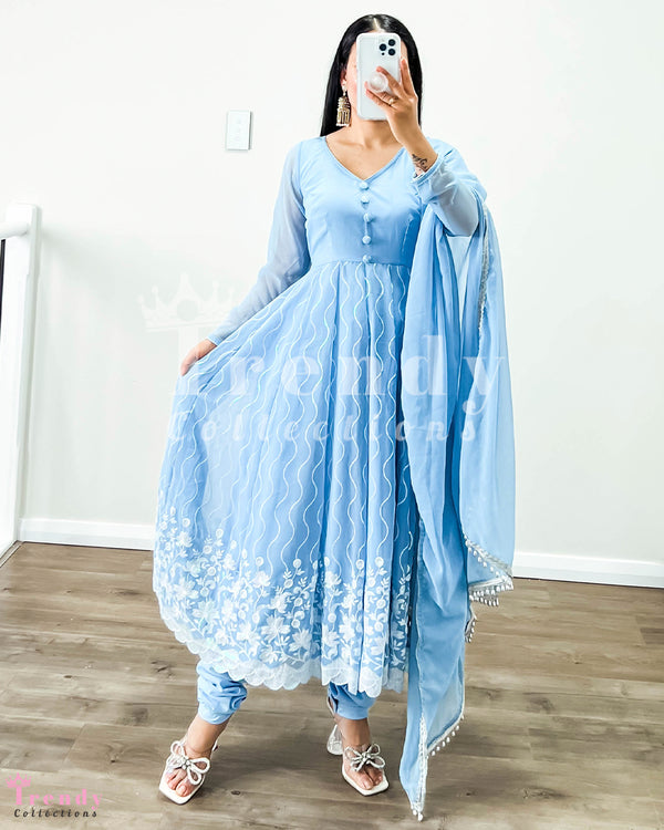 DESIGNER 3 PIECE GEORGETTE ANARKALI SET WITH SEQUIN EMBROIDERY - ICE BLUE (Size 34 - 42 available)