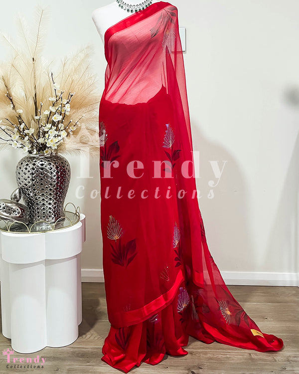 Scarlet Red Chiffon Saree with Swarovski Detailing