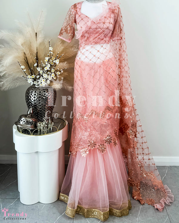 Blush Pink Designer Net Saree with Sequin Work (Sizes 34-40)