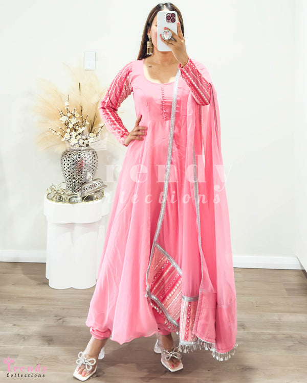 Pink Georgette Anarkali Set with Embellished Sleeves (Sizes 32-40)