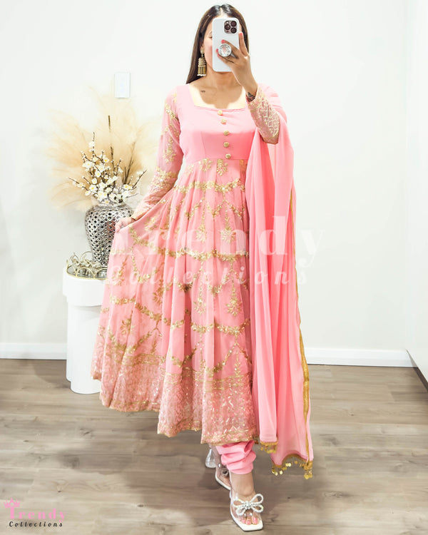 Pink Georgette Anarkali Set with Zari Embroidery - Sizes 32 to 40