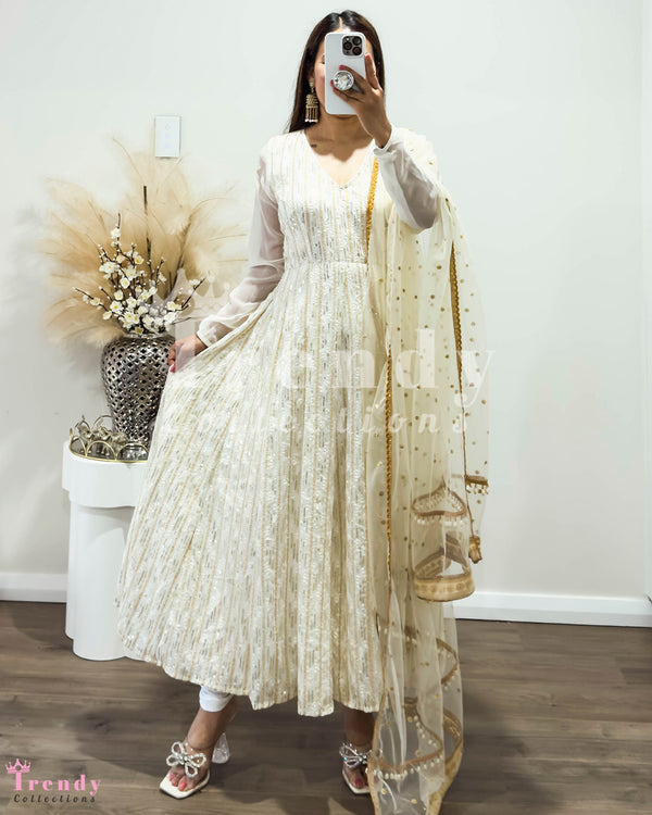 Ivory Georgette Anarkali Set with Heavy Embroidery - Sizes 36 to 46