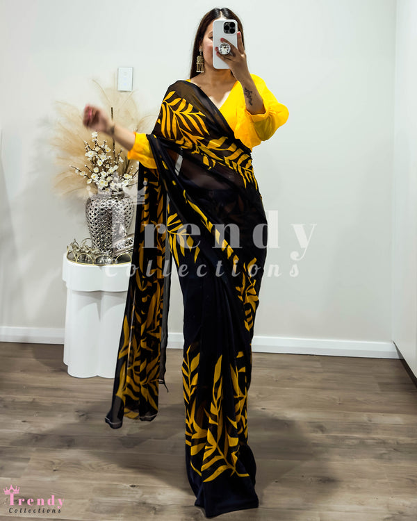 Elegant Black & Gold Leaf Print Saree Set with Designer Blouse (Sizes 32-40)