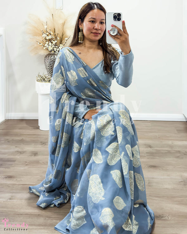 Dusty Blue Saree with Silver Leaf Motifs & Designer Blouse (32-42)