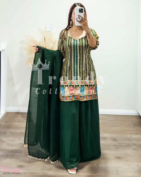 DESIGNER 3 PIECE GEORGETTE SARARA SET WITH THREAD & SEQUIN EMBROIDERY - DARK GREEN (Size 34 - 40 available)