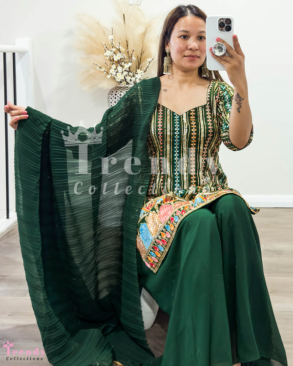 Emerald Green sharara Set with Thread & Sequin Work, Sizes 34 to 40