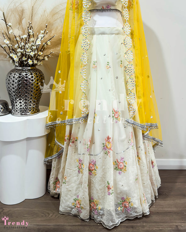 DESIGNER 3 PIECE LEHENGA SET WITH FLORAL THREAD EMBROIDERY - CREAM & YELLOW (Size 34 - 44 available)