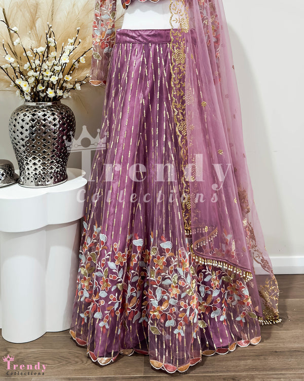 Lavish Mauve Net Lehenga Set with Zari & Thread Embroidery (Sizes 30-38)