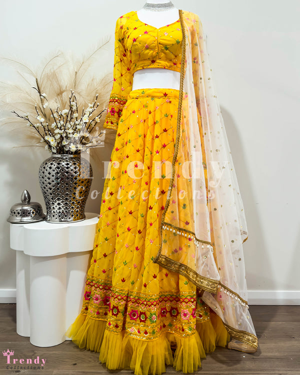 3 PIECE DESIGNER LEHENGA SET WITH THREAD EMBROIDERY  -  YELLOW & RED (Size 34 -44 available)