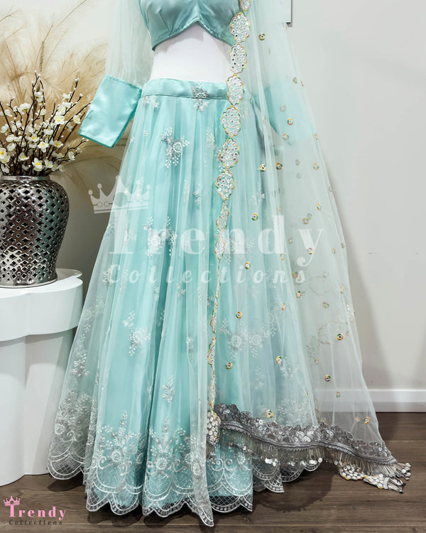 Aqua Elegance Thread & Mirror Work Lehenga Set (Sizes 32-38)