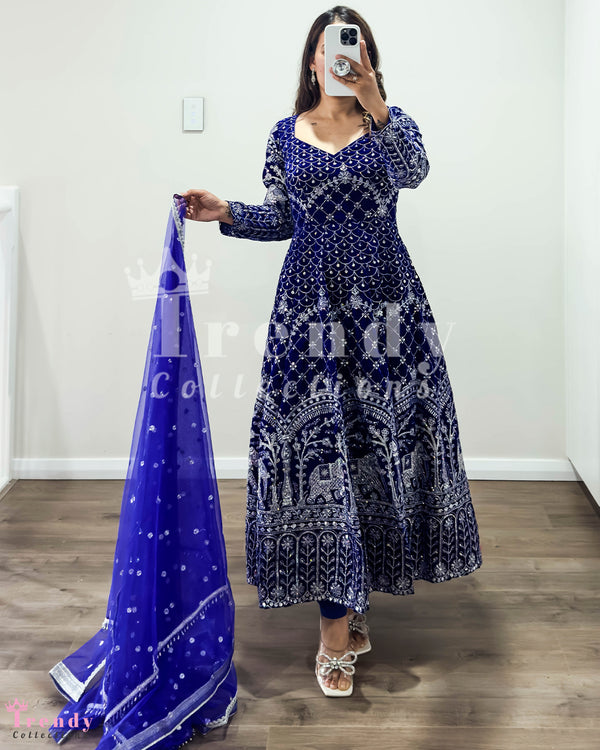 Royal Blue Velvet Anarkali Set with Heavy Zari Emboidery, Designer, Sizes 34-46