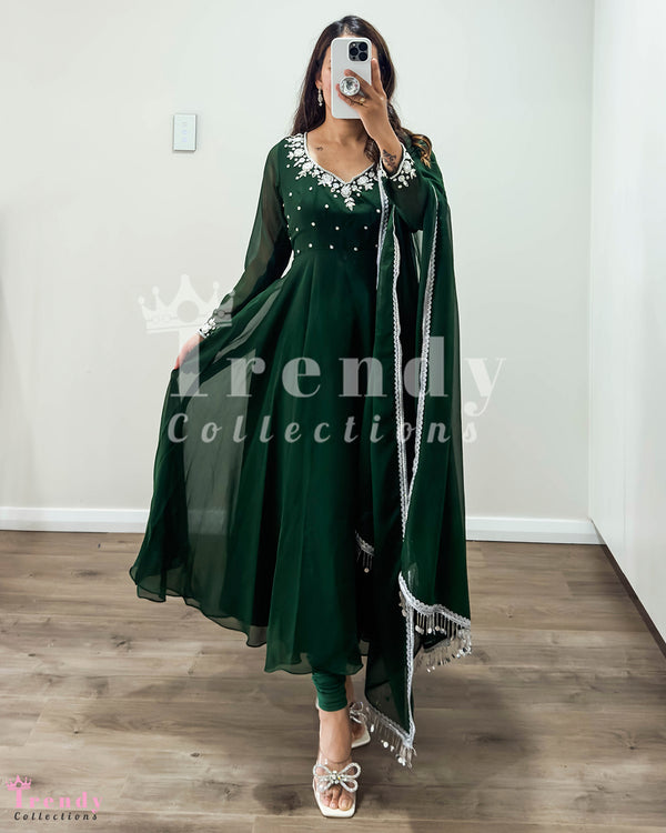 Dark Green Georgette Anarkali Set with Hand Emboidery, Designer, Sizes 34-44