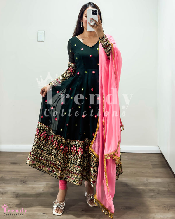 Dark Green Georgette Anarkali Set (Peach Pink Shawl) with Thread & Zari Emboidery, Designer, Sizes 32-40