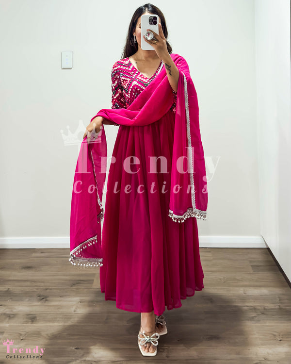 Rani Pink Georgette Anarkali Set with Thread & Foil Emboidery, Designer, Sizes 34-42