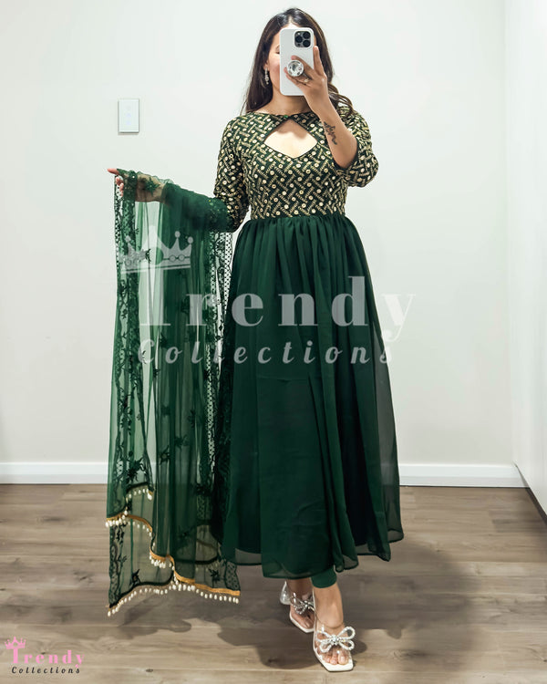 Dark Green Georgette Anarkali Set with Zari Emboidery, Designer, Sizes 34-44