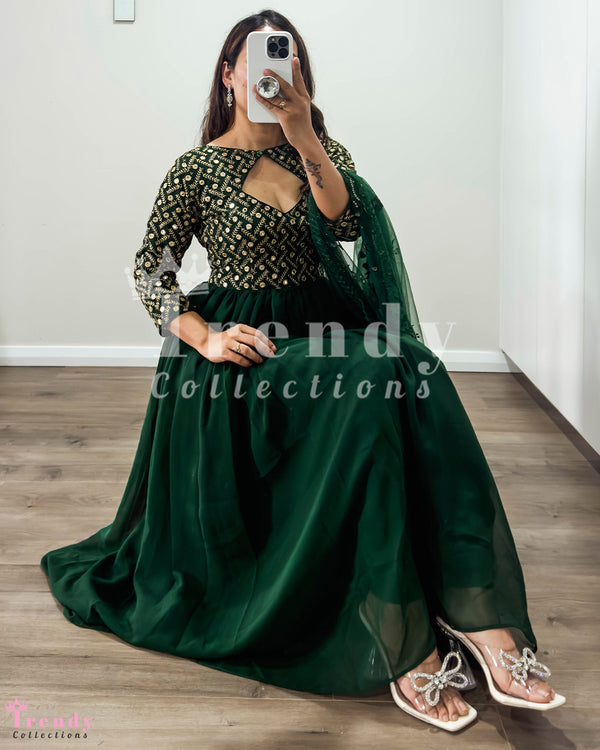 Dark Green Georgette Anarkali Set with Zari Embroidery, Designer, Sizes 34-44