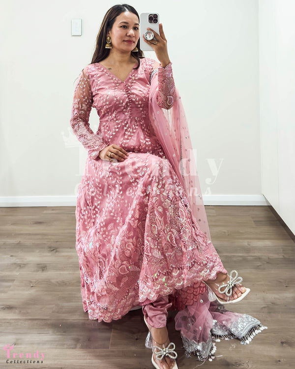 Dusky Pink Net Anarkali with Zari and Sequin Embroidery (Sizes 34 - 42)