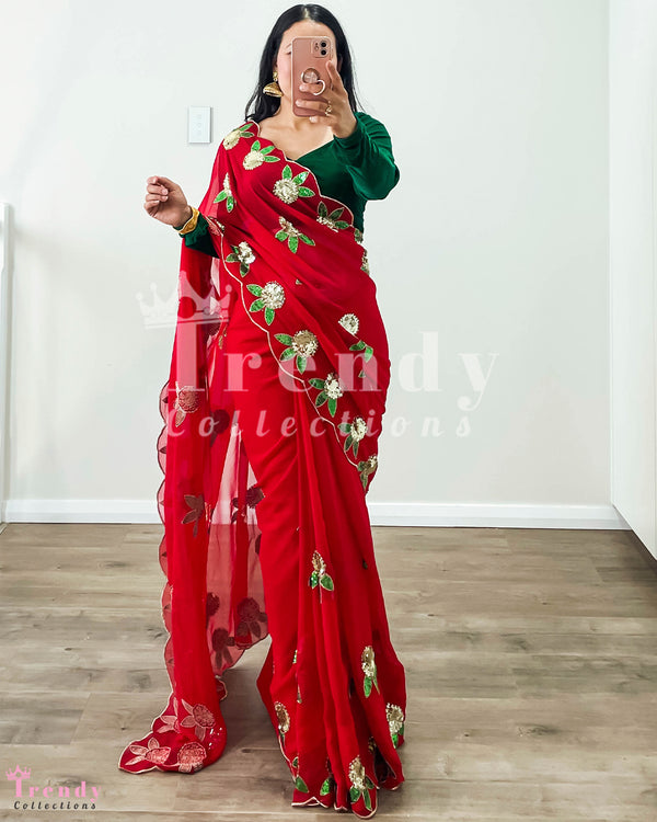 3 PIECE DESIGNER GEORGETTE SAREE (VELVET BLOUSE) SET WITH LALI GURANS HAND EMBROIDERY - RED & GREEN ( Blouse size 32- 42 available)