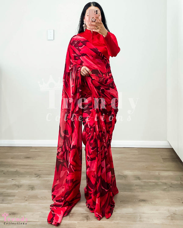 Red Floral Printed Chiffon Saree with Pico Finish