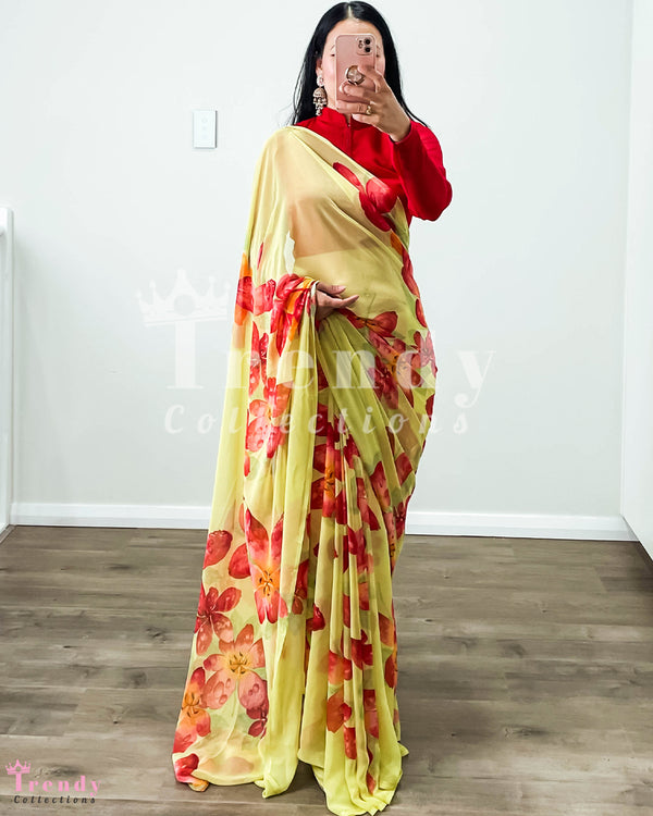 Lemon Yellow Floral Chiffon Saree with Pico Finish