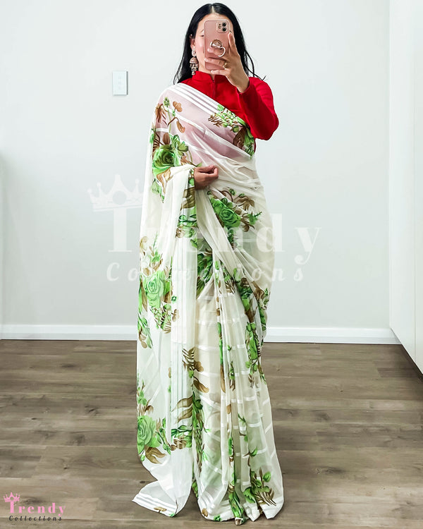 Cream and Green Rose Printed Chiffon Saree with Pico Finish