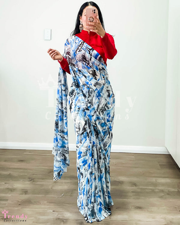 Ice Blue Abstract Print Chiffon Saree with Pico Edge