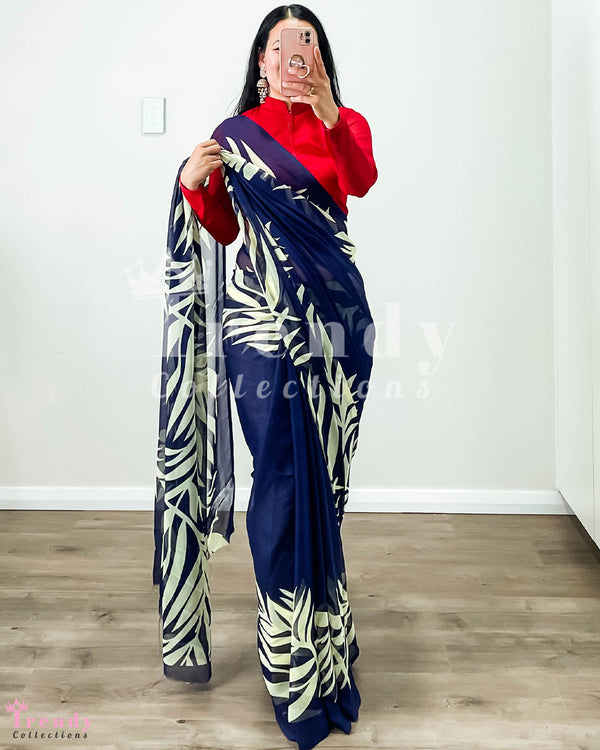 Navy Blue Leaf Pattern Chiffon Saree with Pico Border